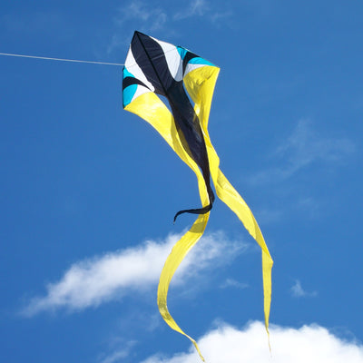 Zydeco 77 inch Wave Delta Kite soaring in the blue sky, showcasing vibrant colors and long flowing tails, providing outdoor fun for families.