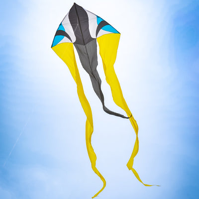 Zydeco 77 inch Wave Delta Kite soaring in the blue sky, showcasing vibrant colors and long flowing tails, providing outdoor fun for families.