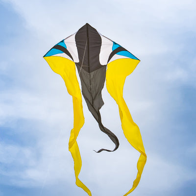 Zydeco 77 inch Wave Delta Kite soaring in the blue sky, showcasing vibrant colors and long flowing tails, providing outdoor fun for families.