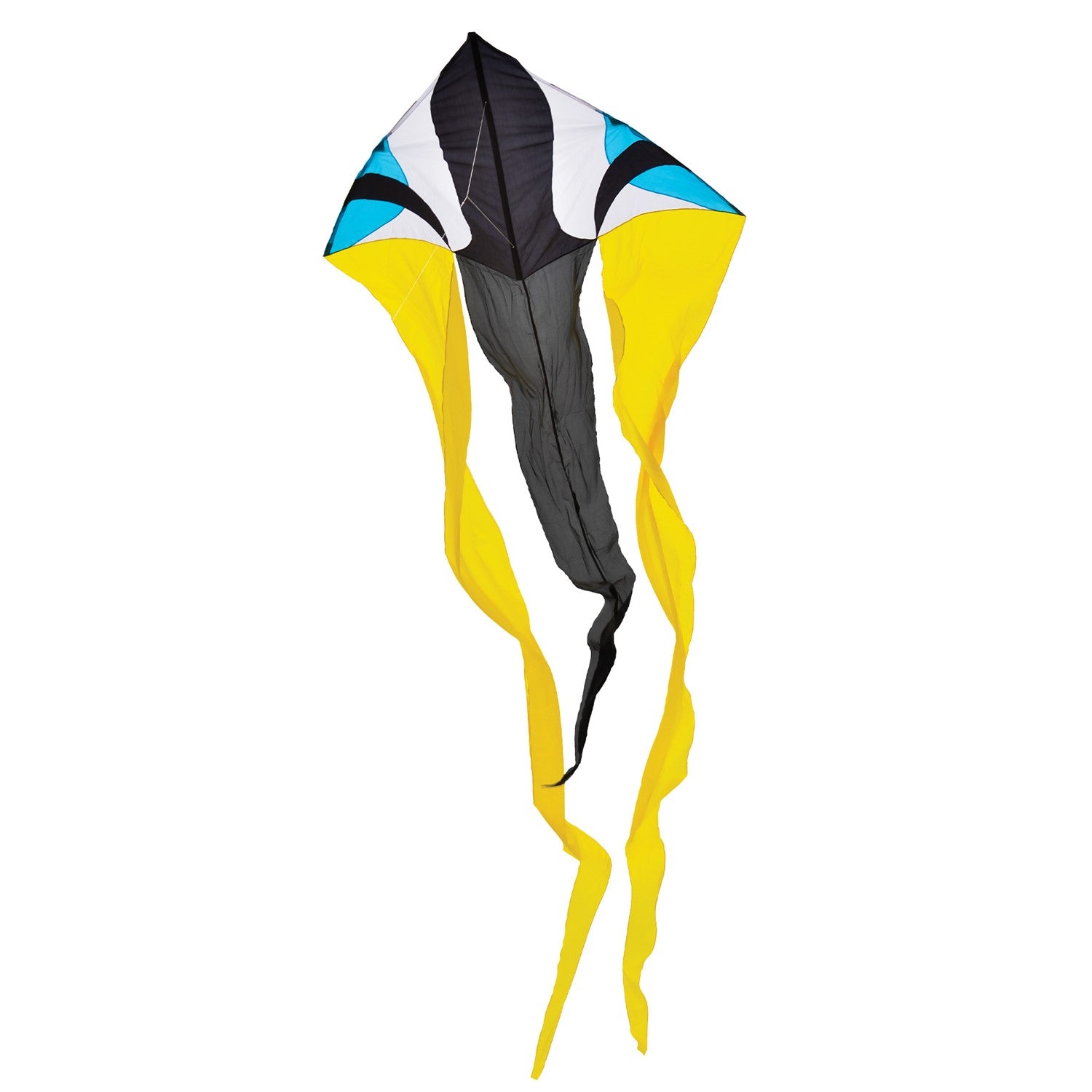 Zydeco 77 inch Wave Delta Kite soaring in the blue sky, showcasing vibrant colors and long flowing tails, providing outdoor fun for families.